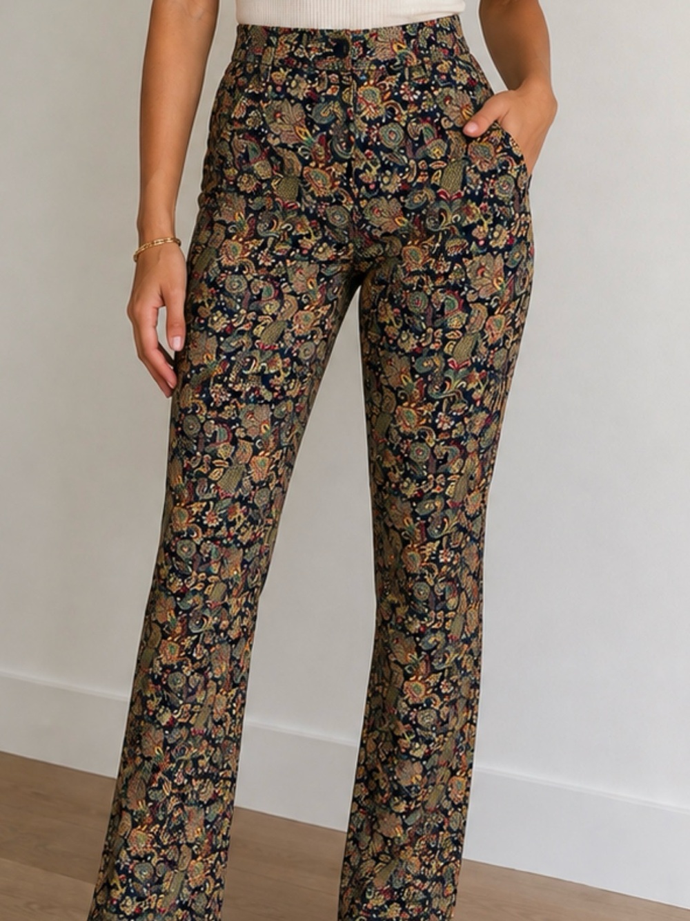 Woven Floral Print High-Rise Flare Pants - Navy/Gold